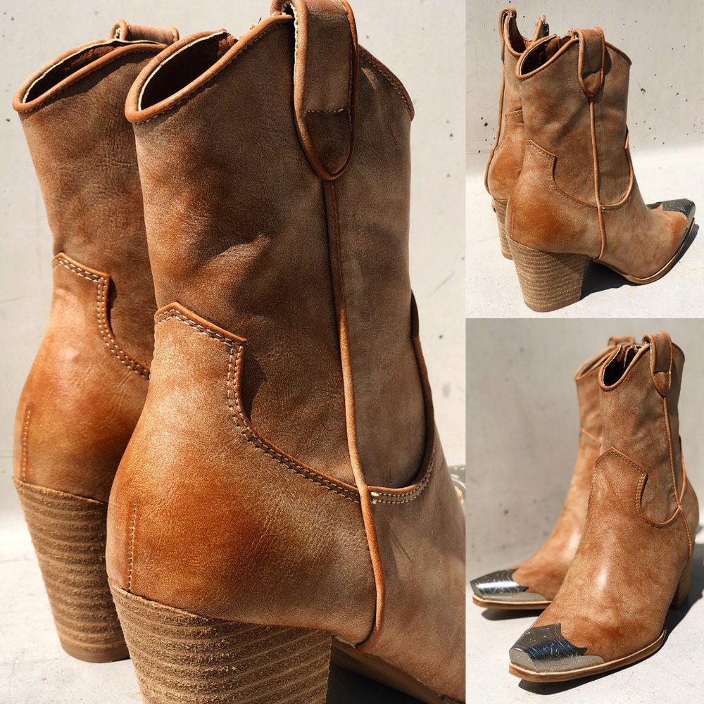 NEW Distressed Nude PU Leather Metal Toe Block Heel Cowgirl Western Ankle Boots - Picture 5 of 15